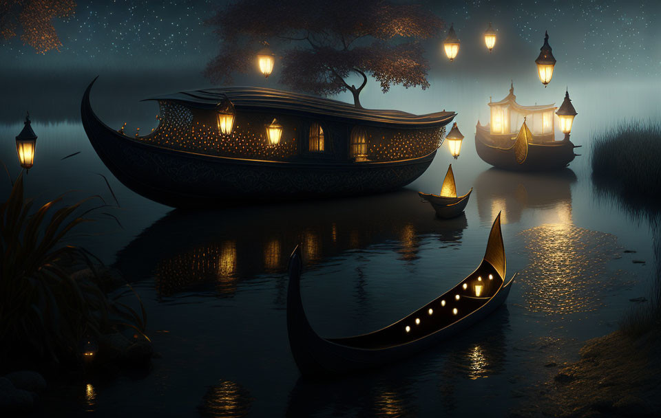 Ornate illuminated boats on tranquil nighttime river with hanging lanterns