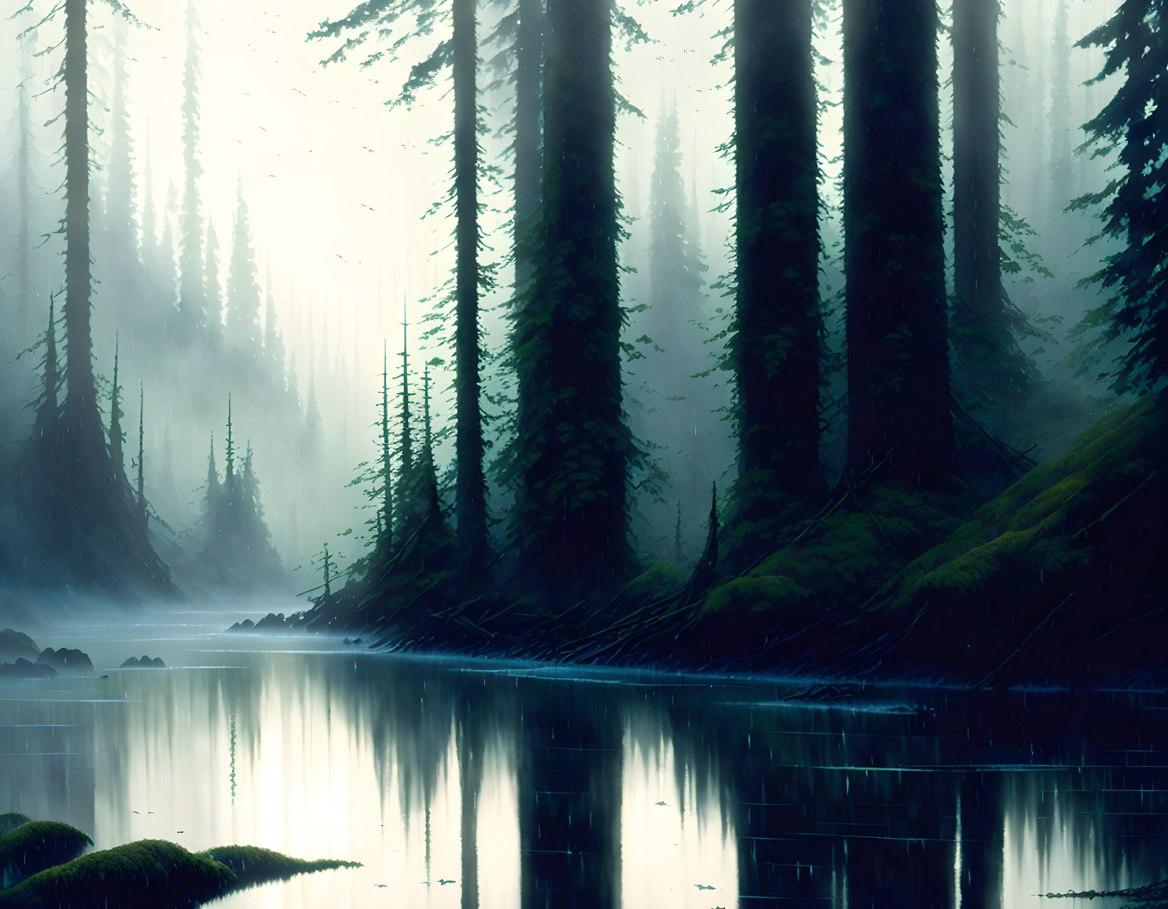 Tranquil forest landscape with fog-covered trees and reflective lake