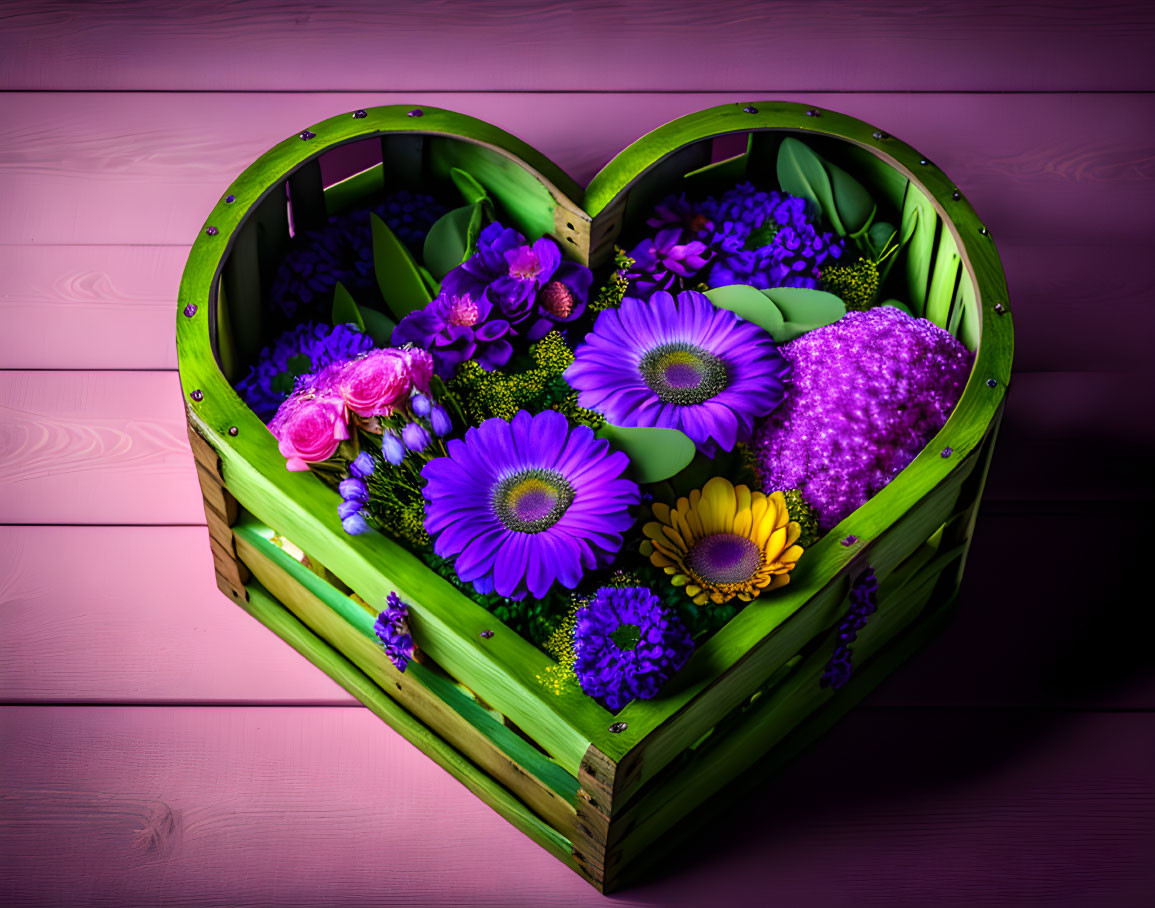 Heart-shaped wooden basket with colorful flowers on pink background