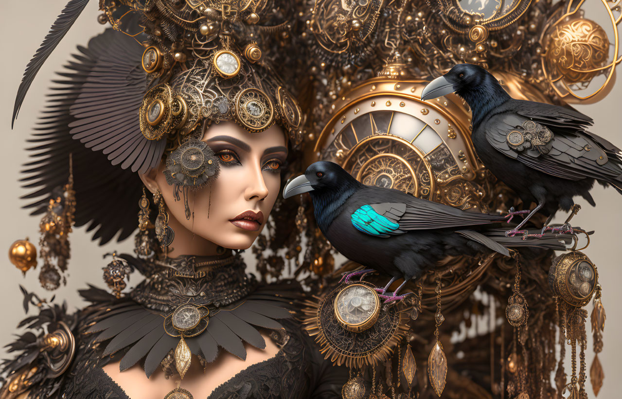 Steampunk-inspired woman with metallic adornments and ravens in gear-filled backdrop