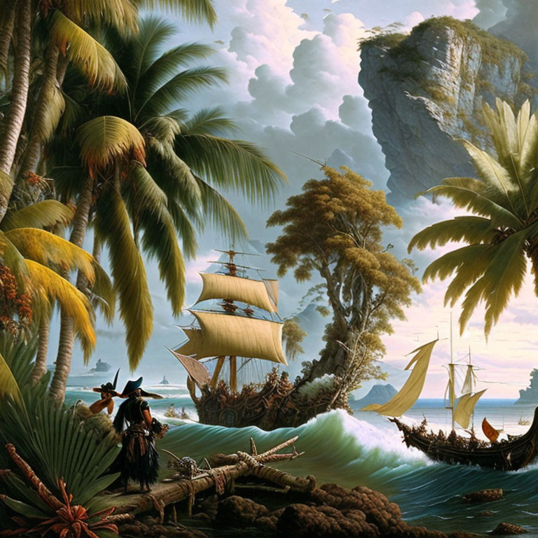 Classic painting of ships on rough seas near tropical coast with dramatic sky and towering cliffs