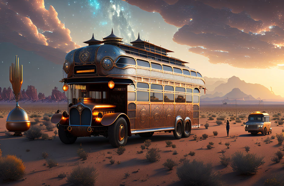 Retro-futuristic bus with intricate designs in desert landscape