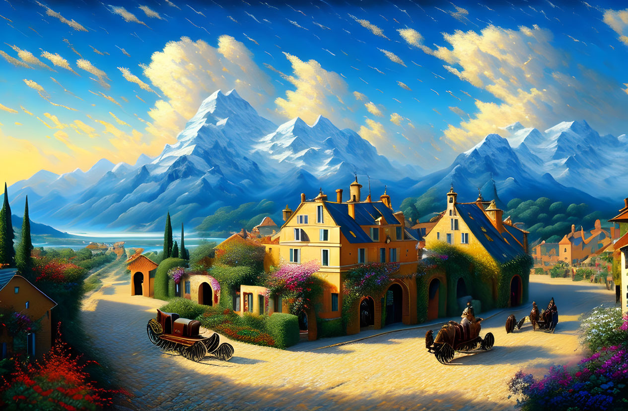 Colorful village painting with horse carriages, starry sky, and snowy mountains.