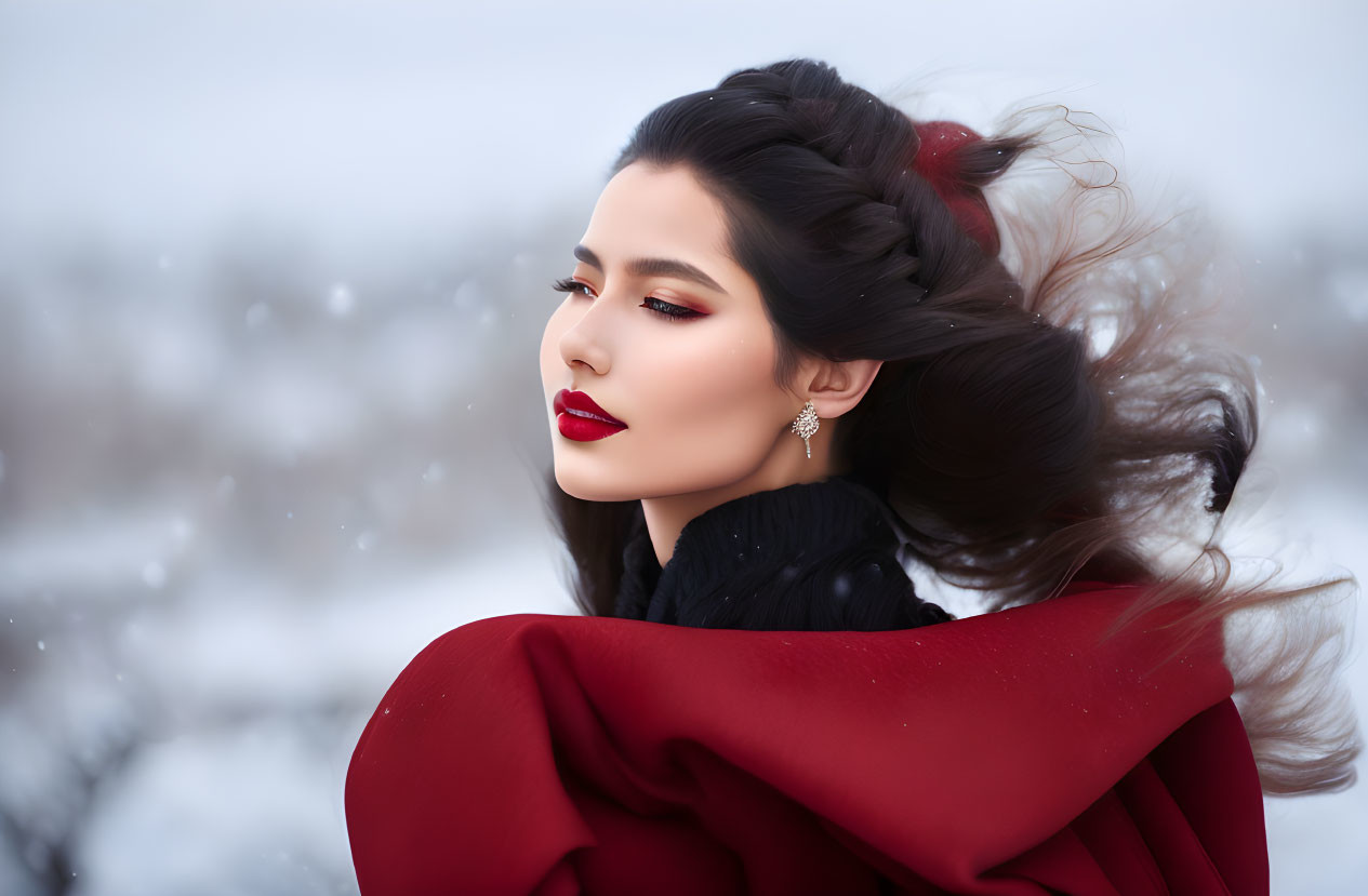 Woman in red cloak with elegant makeup in snowy landscape