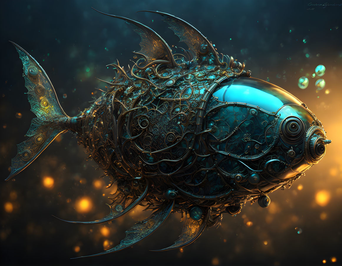 Steampunk-style fish with metallic details in dark ocean.