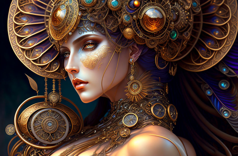 Detailed digital artwork: Woman in golden headdress with mechanical and ornate designs on dark backdrop