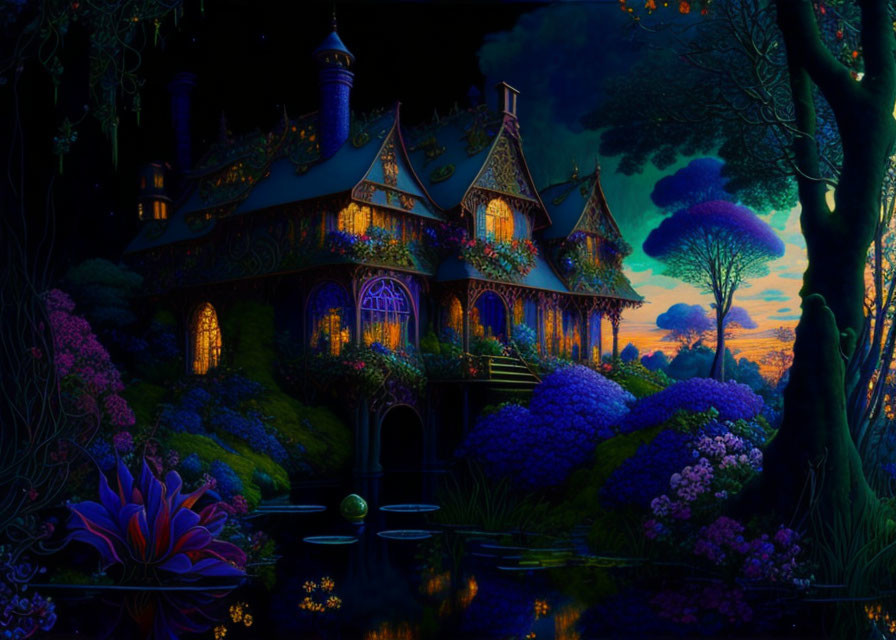 Enchanting fairy tale cottage in lush garden at night