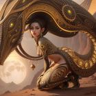 Fantastical desert landscape with woman in golden armor and moon