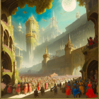 Colorful fantasy landscape with castles, flying ships, and bustling crowd