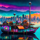 Seattle skyline with Space Needle and boat against sunset sky