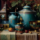 Ornate tea set, brass clock, glass of liquid, fruits in lush still life painting