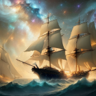 Tall Ships Sailing on Tumultuous Seas Under Starry Night Sky