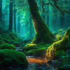 Ethereal forest with moss-covered ground and blue-green light