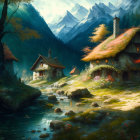 Peaceful fantasy village by mountain stream and lush woods