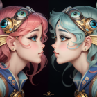 Two steampunk female characters with pink and blue hair, detailed headgear, and shoulder armor.