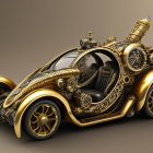 Steampunk-style gold and bronze car with ornate details and red-hatted figure