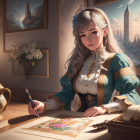 Elegantly dressed woman with quill pen in vintage room with intricate drawings and detailed architecture.