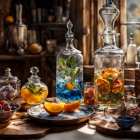 Rustic still-life scene: Infused water in glass decanters with lemons, blue