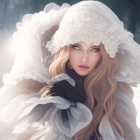 Blonde woman in white fur garment with blue accents