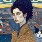 Curly Haired Woman with Thoughtful Eyes and Two Stylized Cats on Golden Background