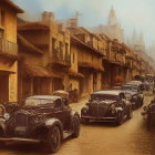 Illustration of Rainy Cobblestone Street with Classic Cars