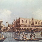 Canal scene with gondolas and ornate buildings in clear blue sky