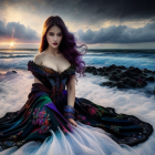 Woman in Dark Floral Gown Amidst Foamy Waves at Sunset