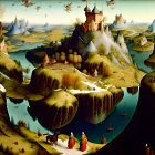 Medieval castles on floating islands with bridges, sailing ships, and robed figures.