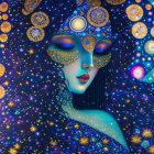 Vibrant cosmic-themed woman illustration in blue and gold hues