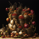 Metallic teapots, cups, and bowls with roses and fruits on dark background