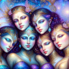 Ethereal blue-skinned female figures with golden headdresses in cosmic setting