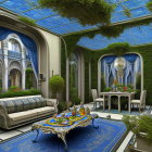 Fantasy room with green and blue color scheme and nature-inspired decor