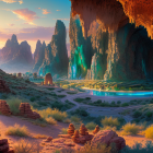 Desert landscape with sandstone pillars, river, and sun glow