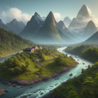 Digital landscape: Sharp mountain peaks, winding river, lush trees, illuminated valley