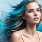 Digital Artwork: Woman with Flowing Blue Hair & Floral Background