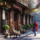 Person in Red Cloak Strolling Serene Street with Classic Buildings