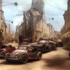 Futuristic city street with retro-futuristic cars and warm, rustic ambiance