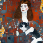 Stylized painting of woman with cat against colorful background