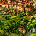 Scenic village with terracotta-roofed houses and lush hills