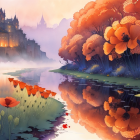 Scenic landscape with castle, orange trees, poppies, and tranquil river