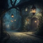 Mystical nighttime pathway with glowing lanterns and treehouse in enchanting forest