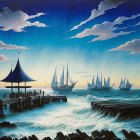 Seascape with stilt houses, sailing ships, and moonlit sky