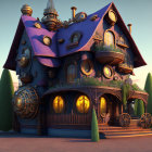 Whimsical multi-story fantasy house with round doors and windows in purple and gold color scheme