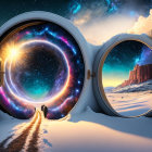 Futuristic landscape with portal-like structures and vibrant sky