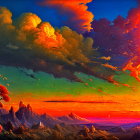 Colorful sunset painting with orange and blue clouds over whimsical house