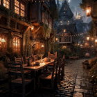 Cobblestone Street at Night with Lantern-lit Wooden Tables