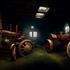 Abandoned vintage tractors in dimly lit overgrown barn