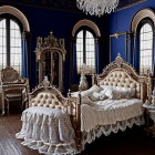 Luxurious Gothic Bedroom with Two Intricately-Designed Beds & Crystal Chandelier