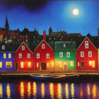 Colorful Stylized Painting: Riverside Town Under Starry Night Sky