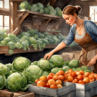 Woman in Brown Apron Selecting Produce at Wooden Stall